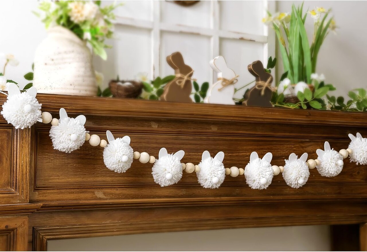 Easter Bunny Garland Decoration – Cute White Bunny with Wooden Beads, Rustic Rabbit Banner for Mantel, Fireplace, Farmhouse, Home & Office Indoor/Outdoor Spring Decor